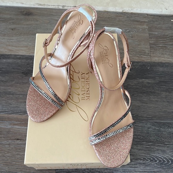 NIB Badgley Mischka Jewel aura rose gold silver rhinestones glitter block heel 9 - Picture 2 of 11